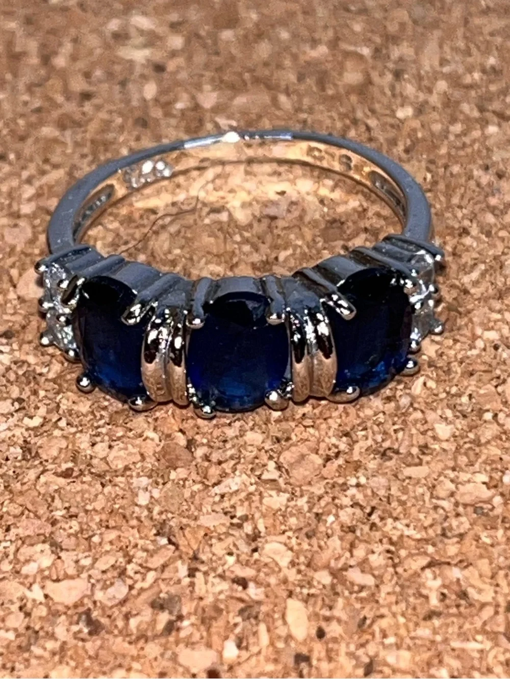 925 Sterling Silver Blue Sapphire 3-Stone Statement Ring 7